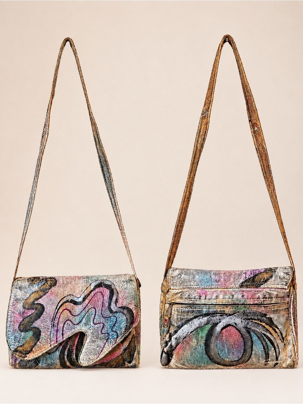 OOAK VTG 80s Brit Rosen Signed Hand Painted Abstract Leather Shoulder Bag Purse - Picture 9 of 16